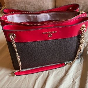 Kors Signature Shania Red Flame Trim Shoulder Purse